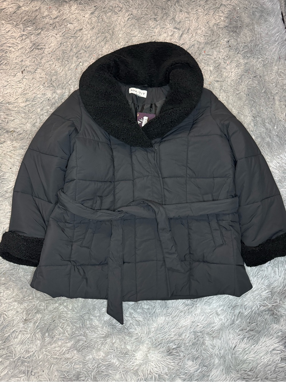 Ava & Viv Women’s Belted Faux Shearling Puffer Coat - Black Size 1X NWT